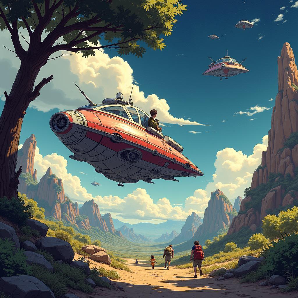 Zeppelin Spaceship Racing Through an Alien Bazaar