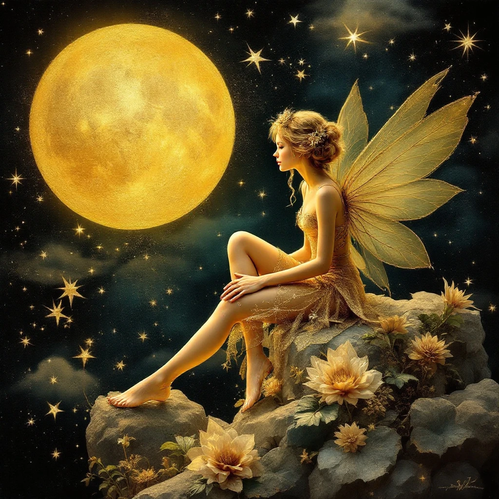 Golden Fairy Moon Star Whimsical