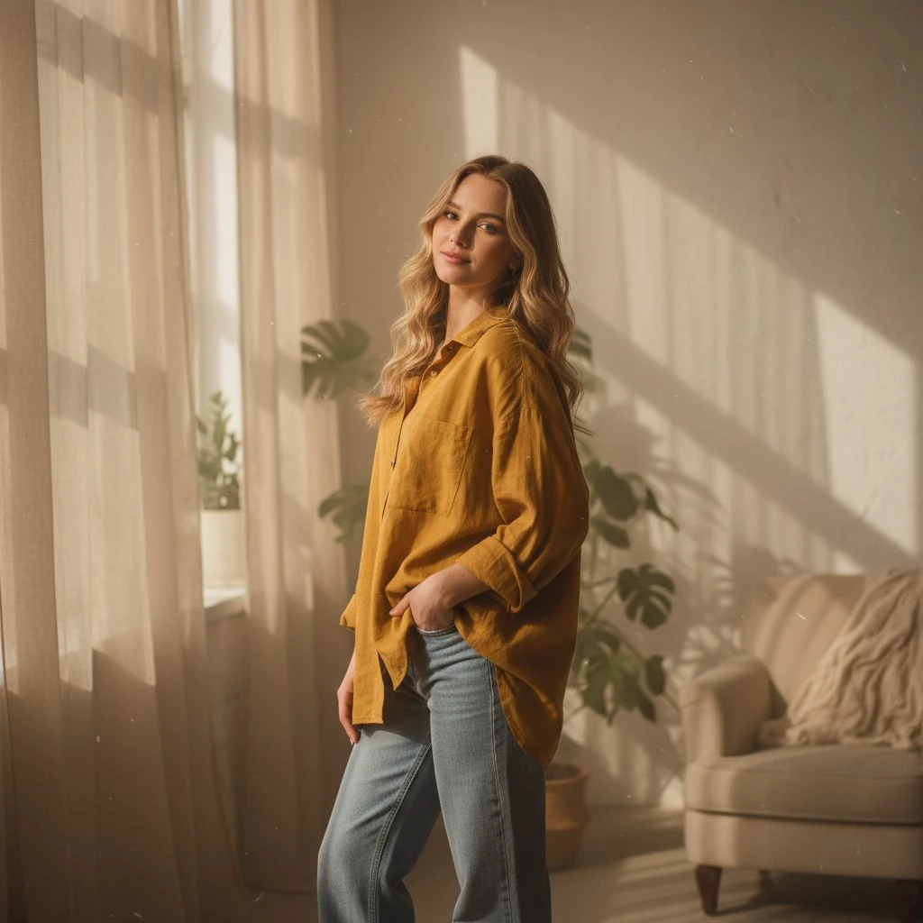 Blond Girl Yellow Shirt Pose