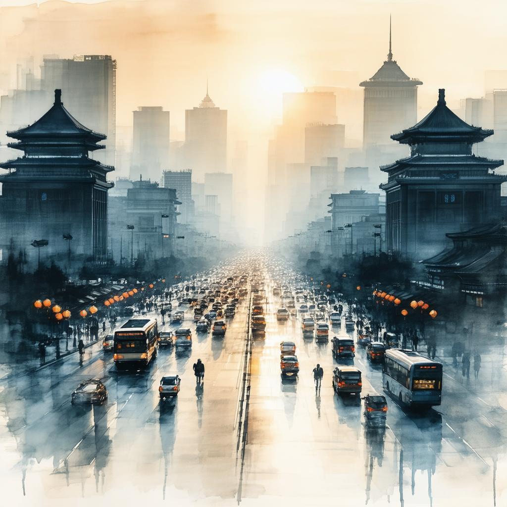 Downtown Beijing Sunrise in Ink Wash