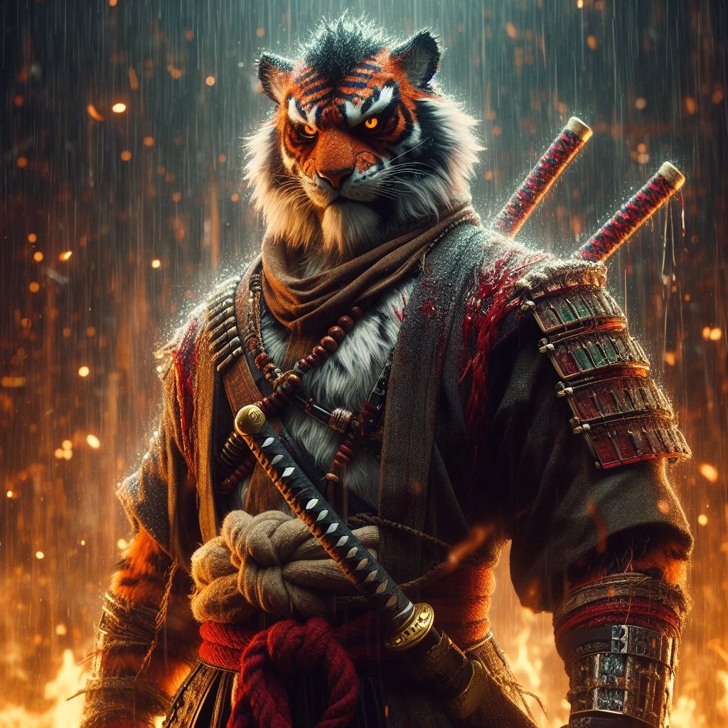 Furry Samurai Tiger Warrior Blood Flames