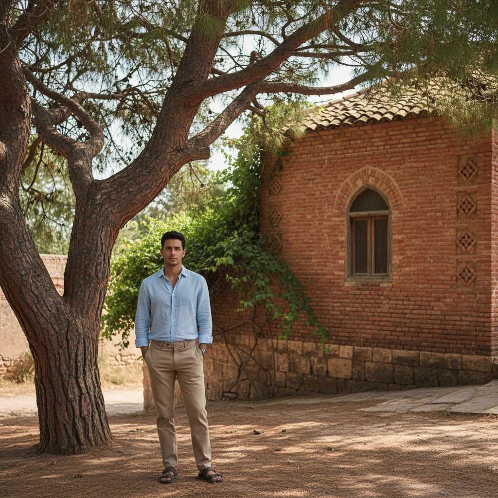 Person Tree Red Brick Dwelling
