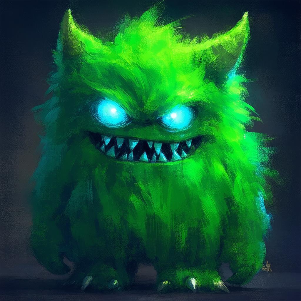Furry Green Monster With Glowing Blue Eyes