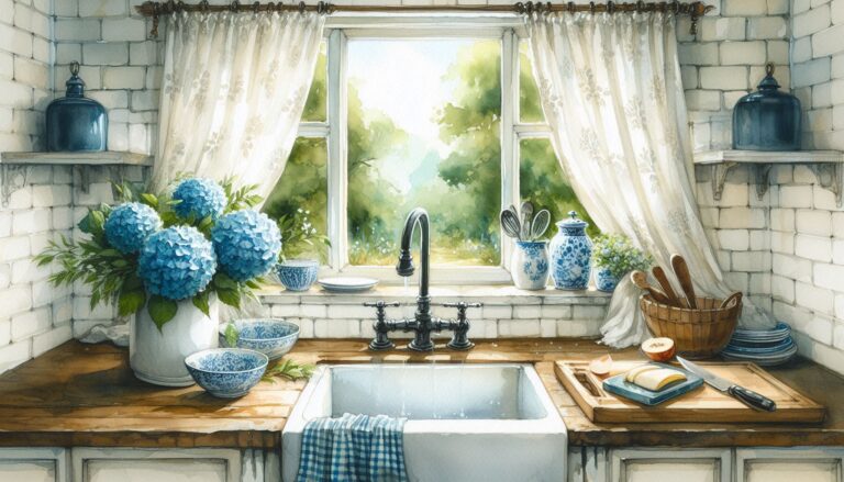Rustic Kitchen with Farmhouse Sink and Flowers