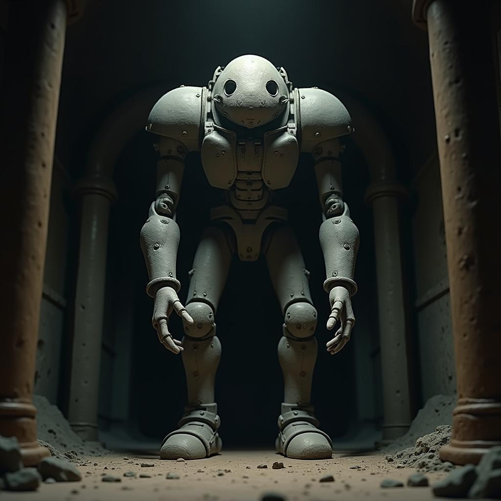 Ominous Steel Giant Floating in Claymation Darkness