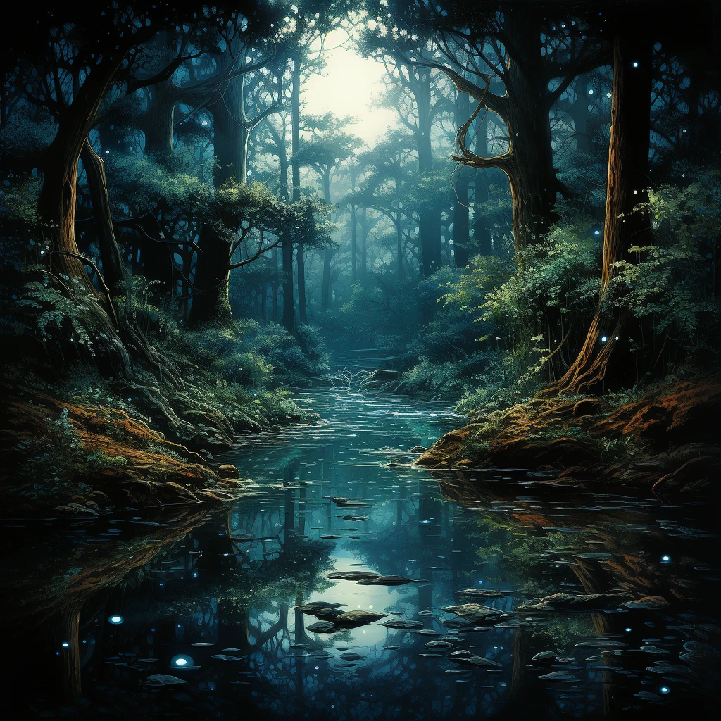 Forest Tree River Moonlight