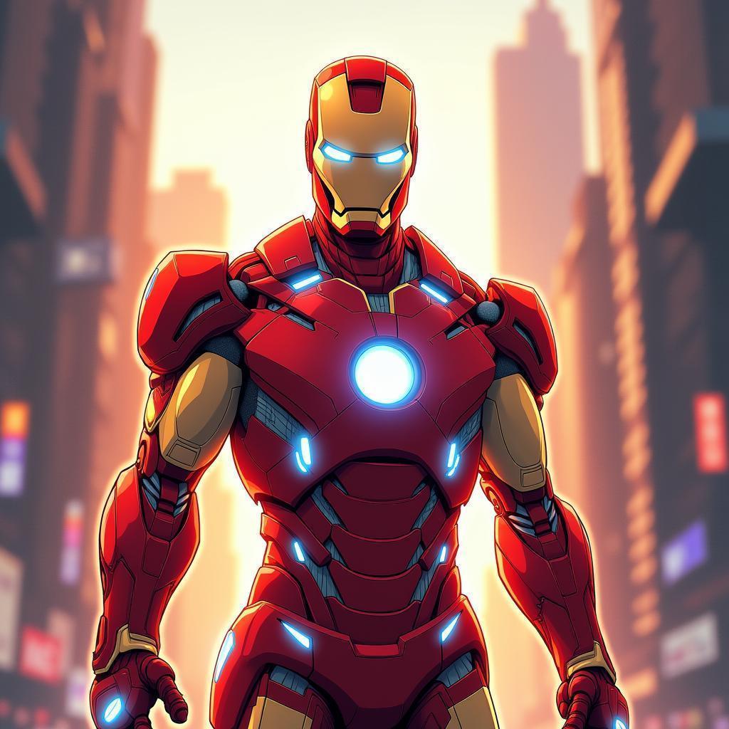Iron Man Glowing in Cyberpunk Anime