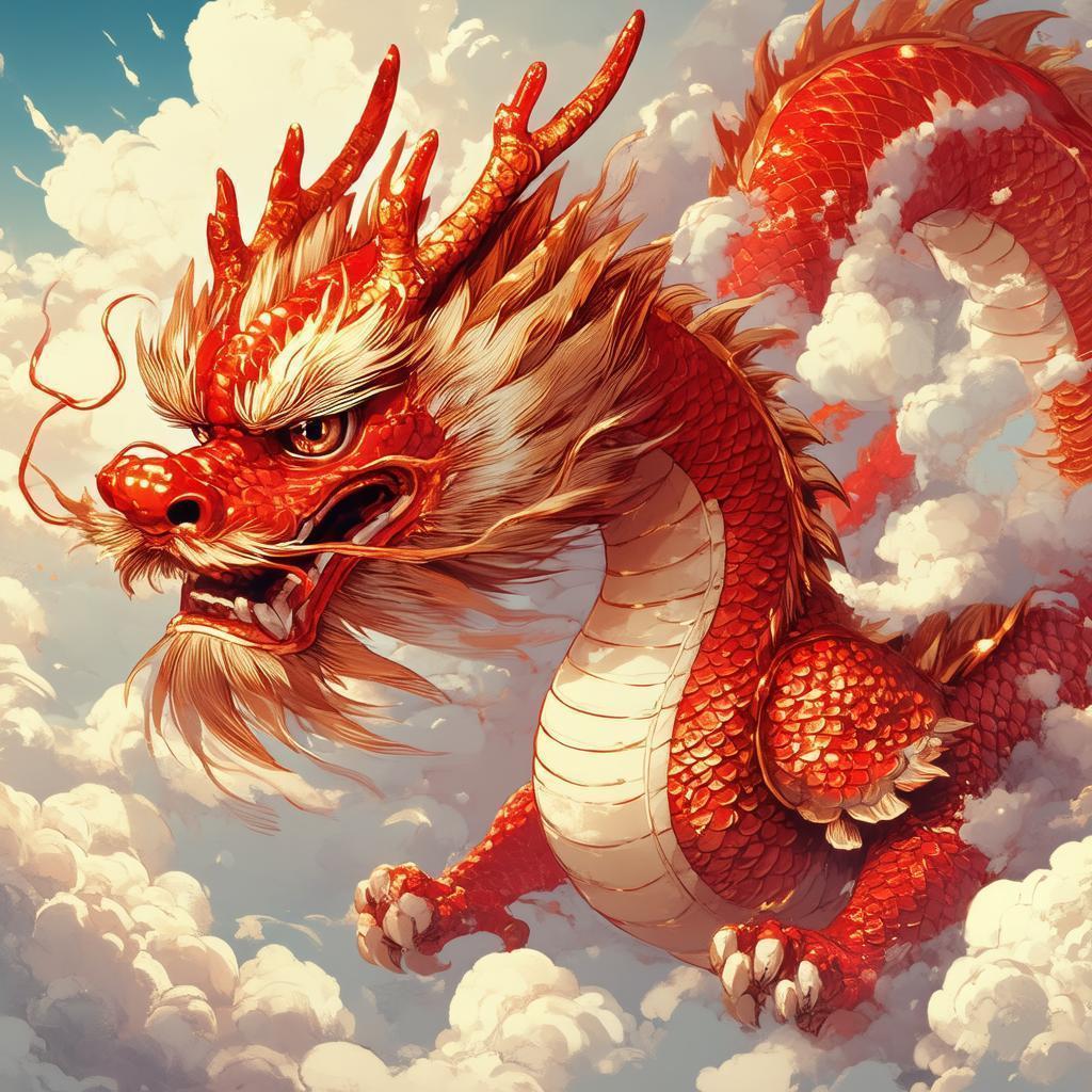 Red and Gold Dragon Soaring Through Manga Clouds