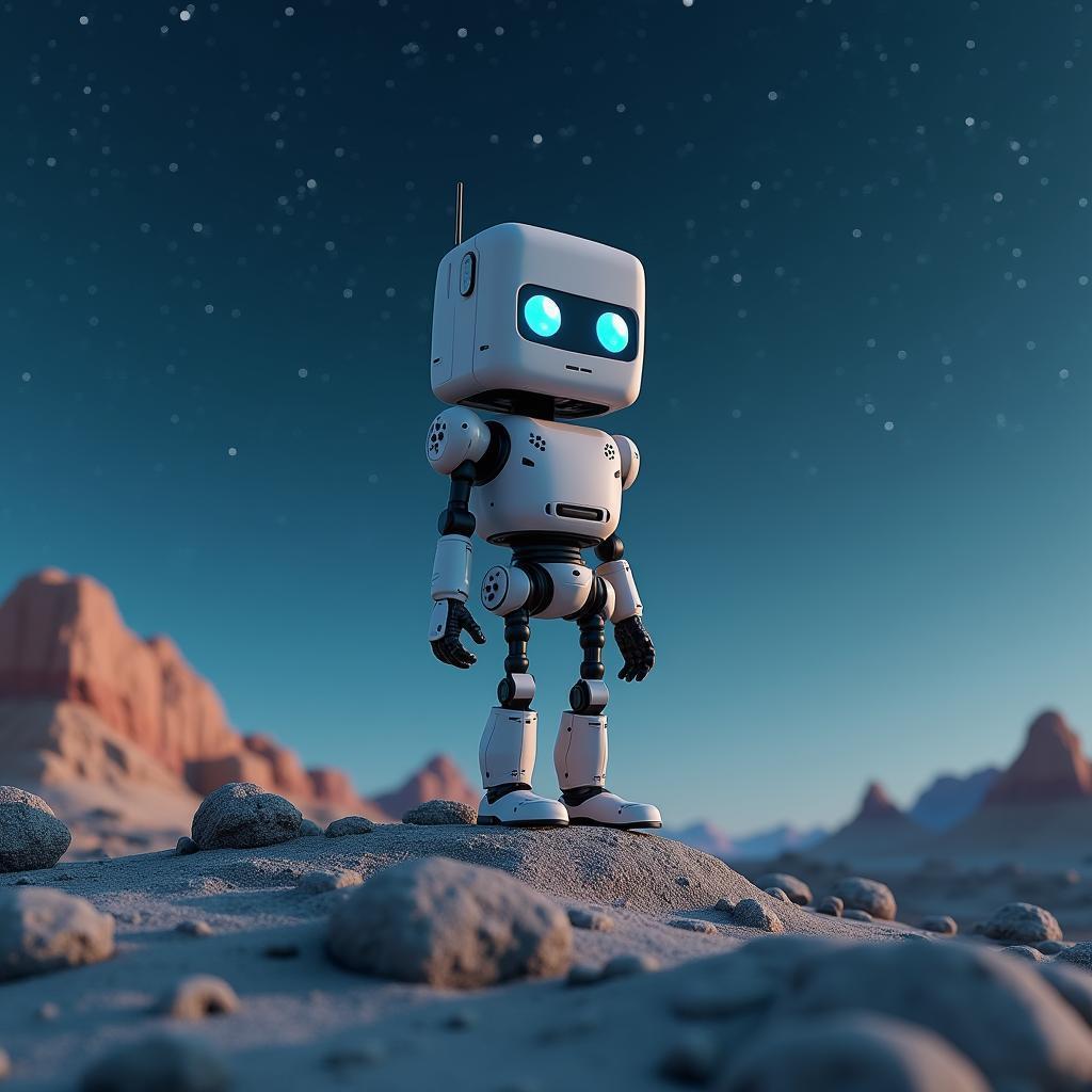 Rectangular Robot With Blue Eyes on Rocky Hill