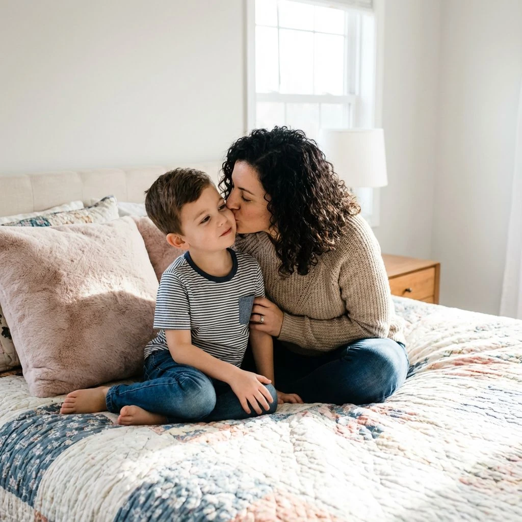 Woman Boy Bed Portrait