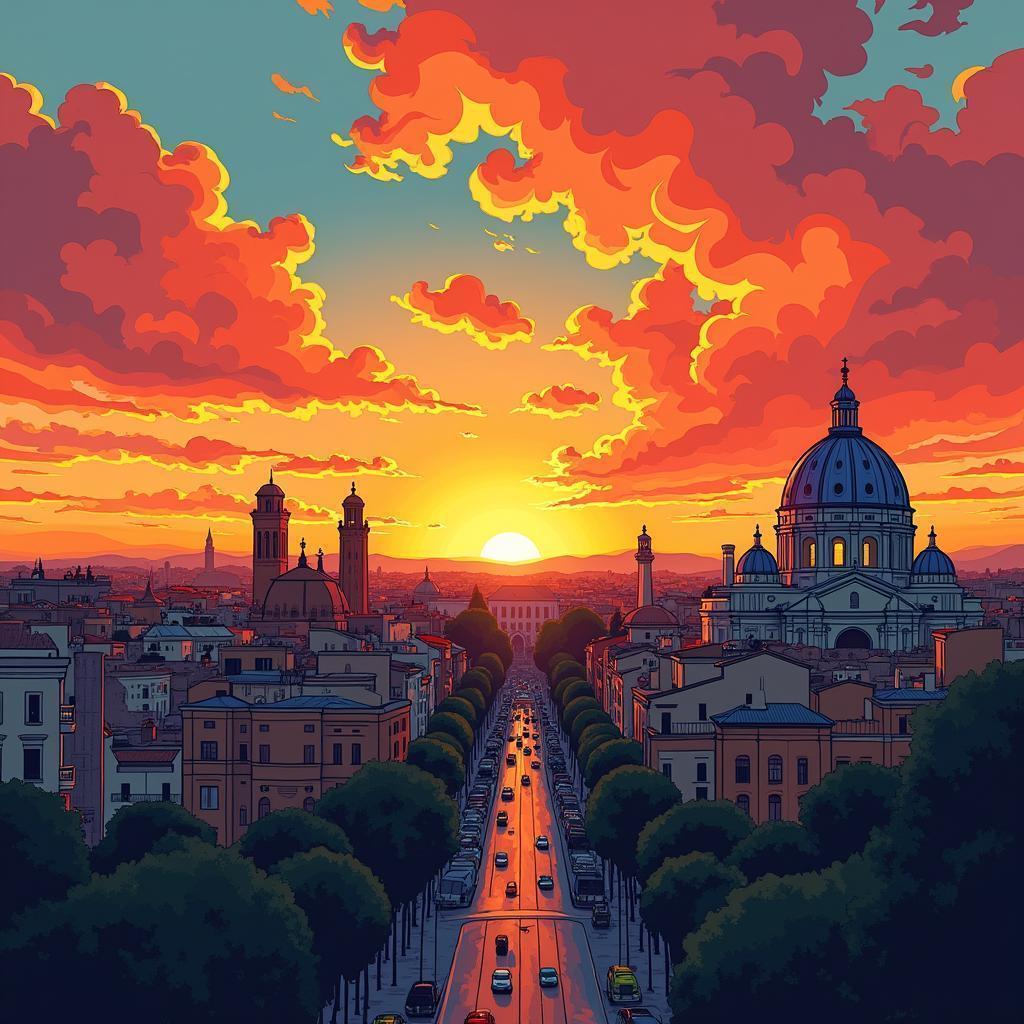 Rome Skyline at Sunset in Iconic Manga