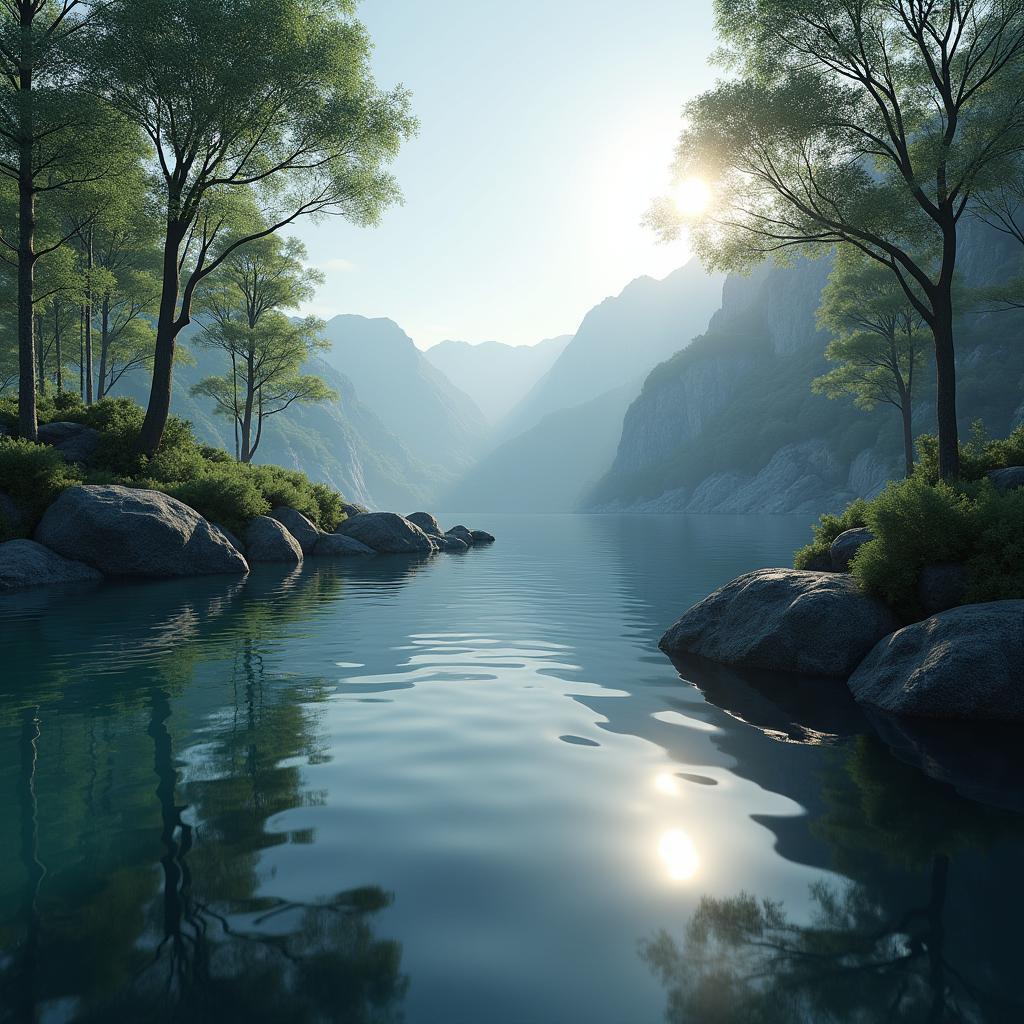 Serene Lakeside Rendered in Chiaroscuro 3D