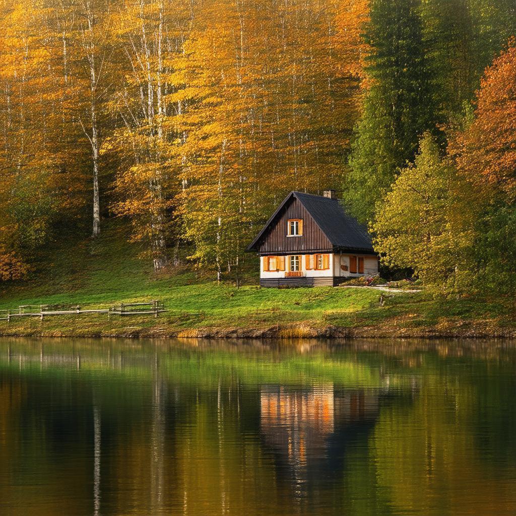 Autumn Cottage Beside a Serene 3D Lake