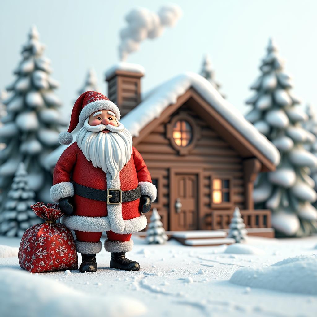 Volumetric Santa Beside a Rustic Log Cabin