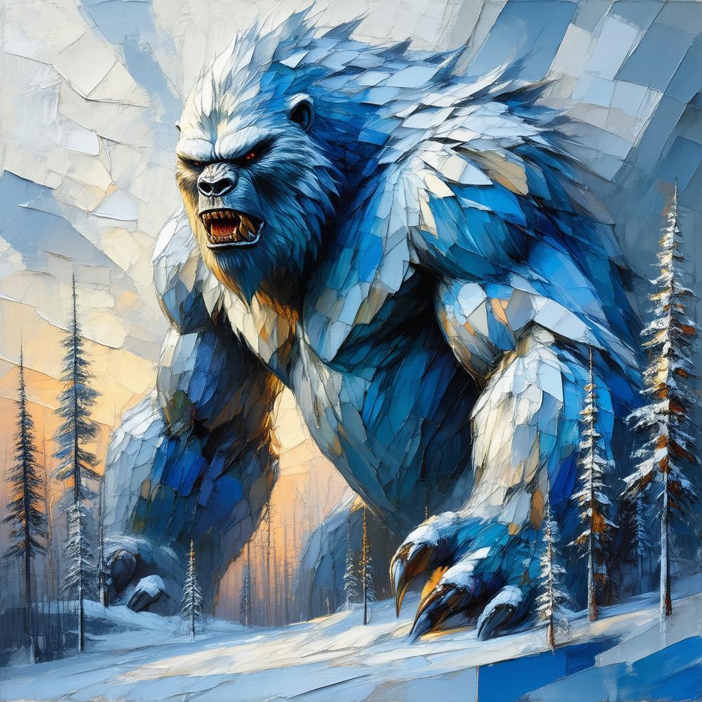 Cubist Yeti Looming Over Snowy Trees