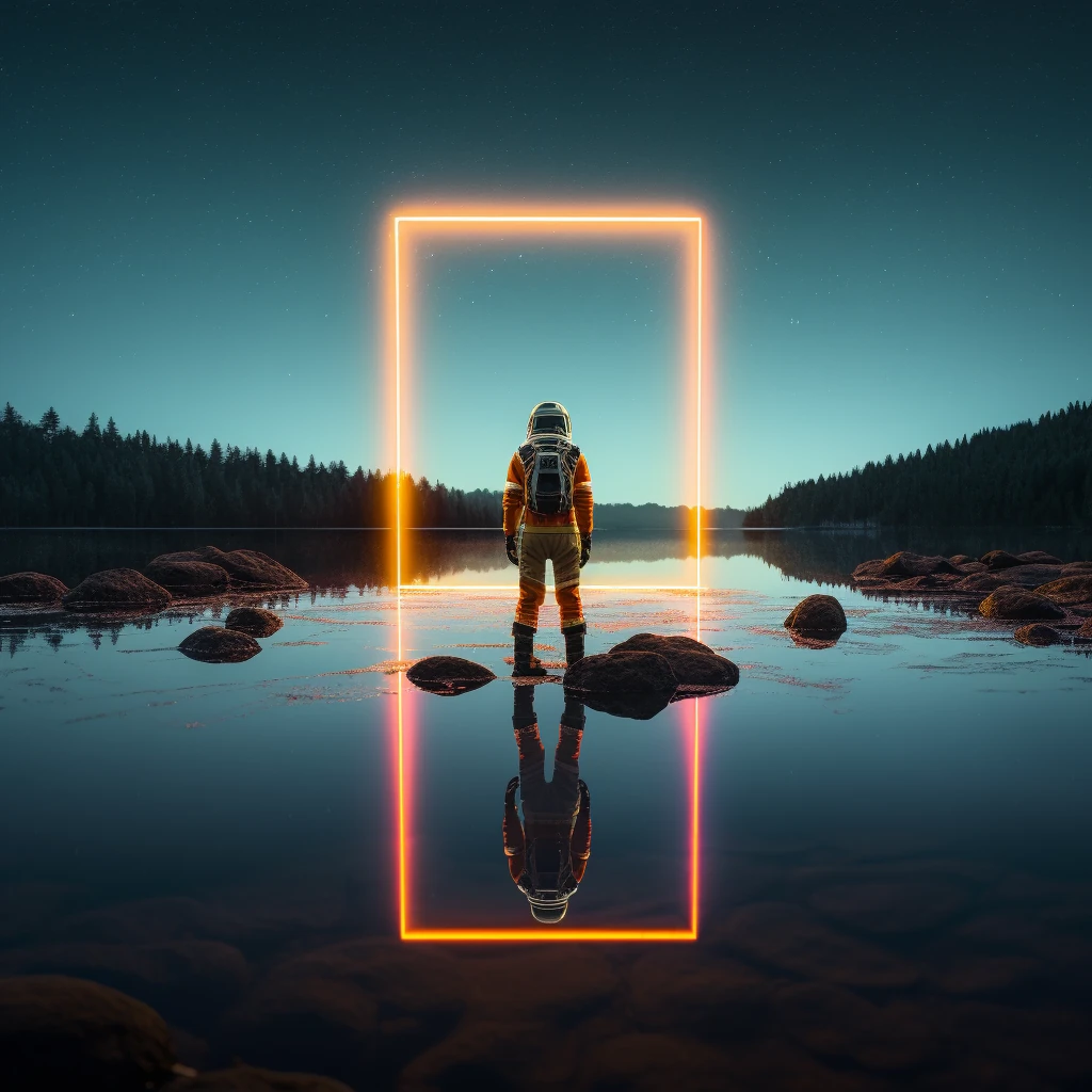 Astronaut Lake Shore Neon Rectangle