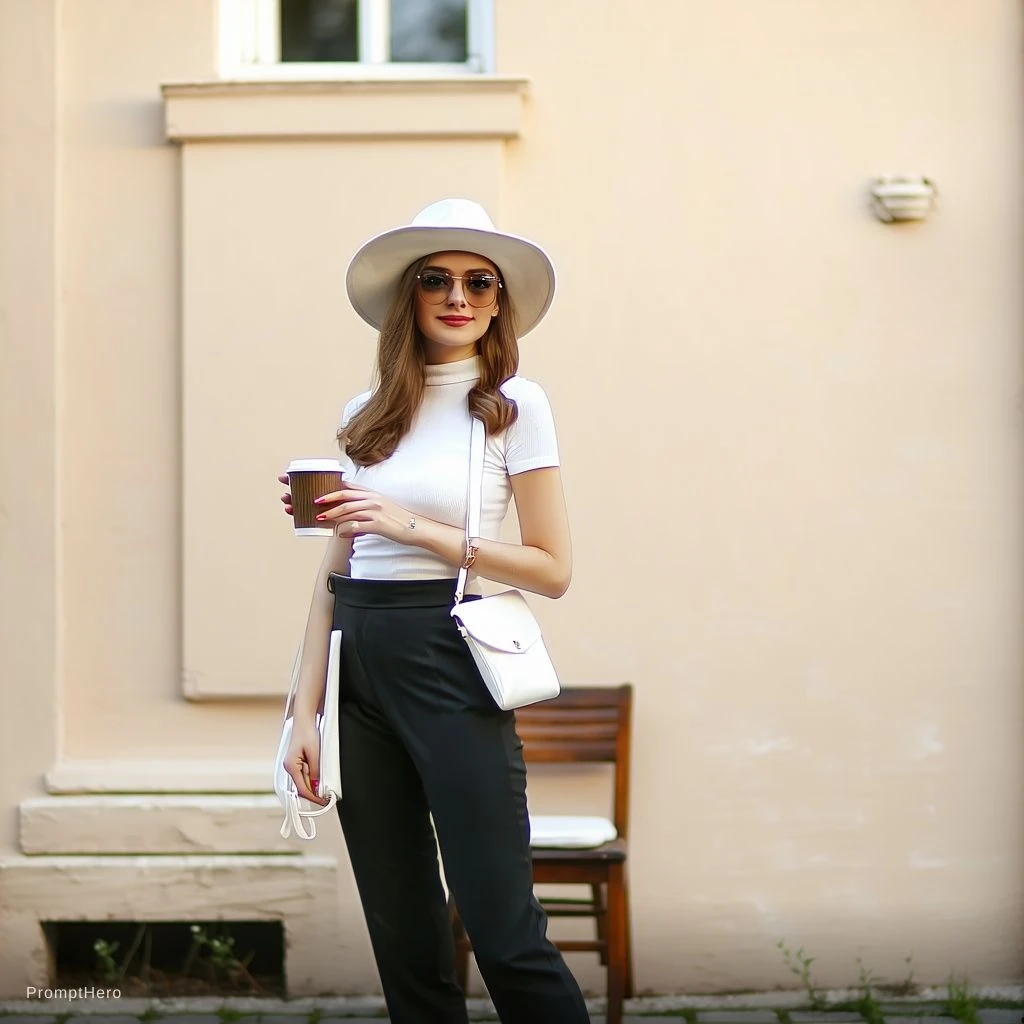 Woman White Hat Cup Elegant Pose