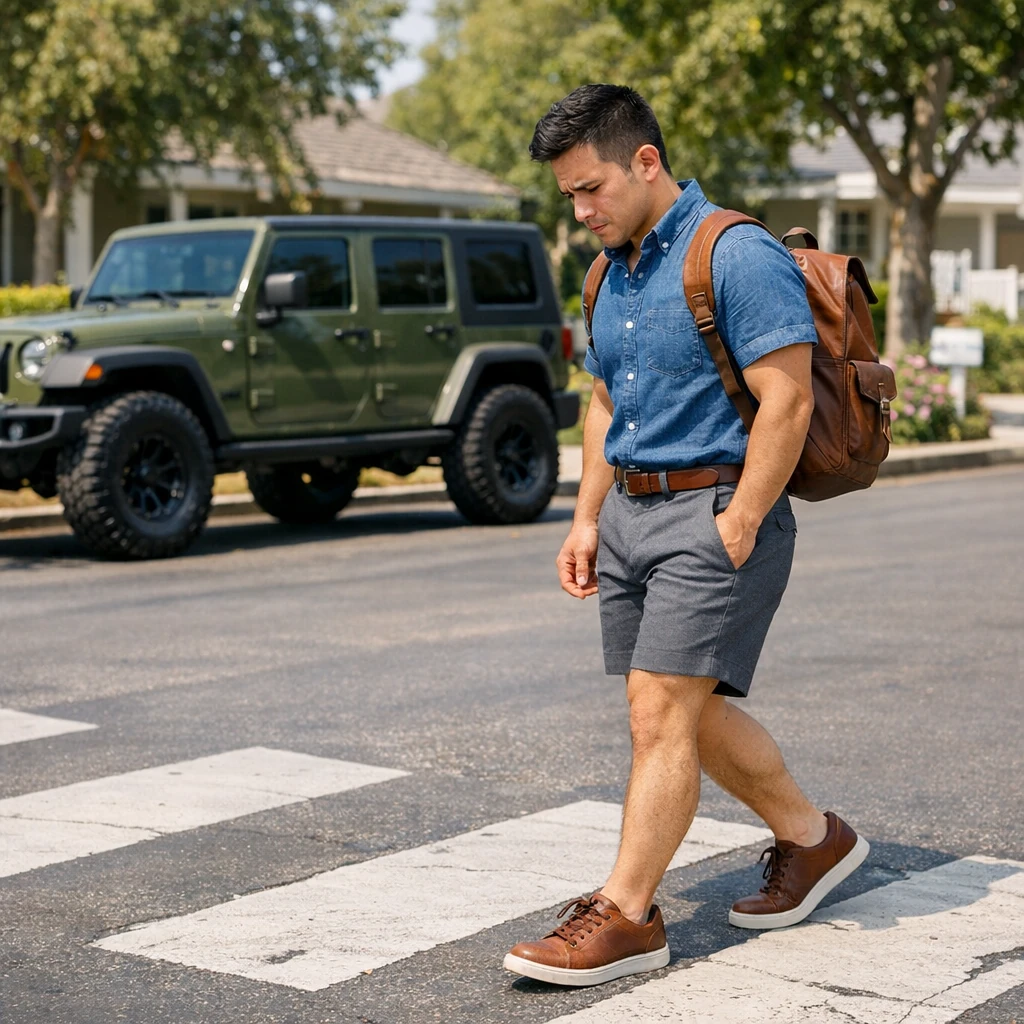Man Green Jeep Urban Street Crossing