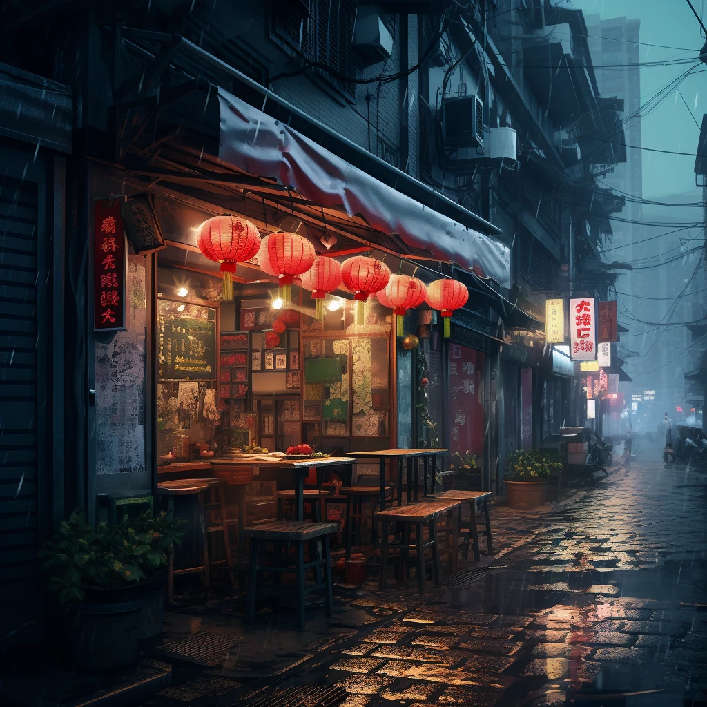 China Food Street Night Fog