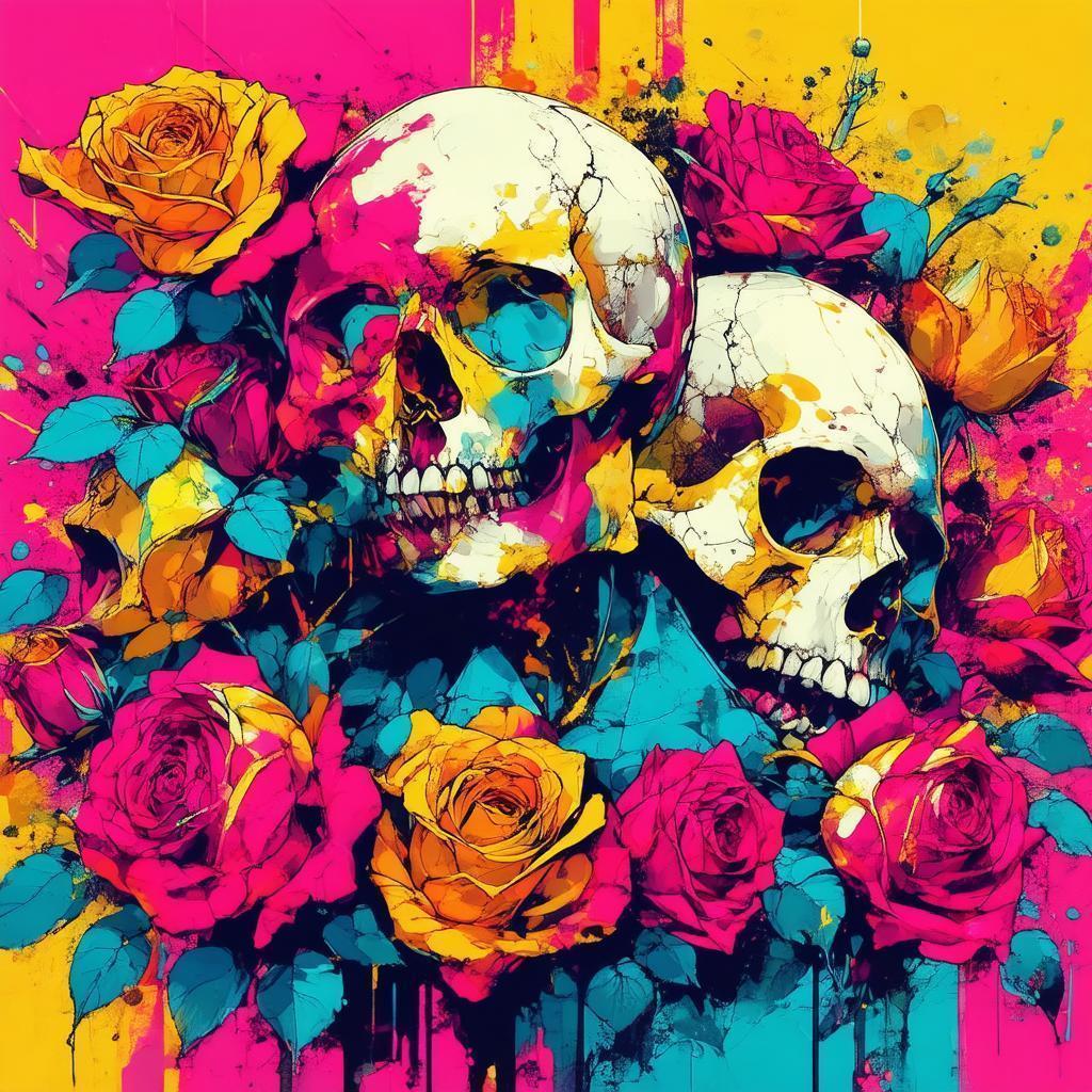 Manga Roses and Skulls in Bold Contrast