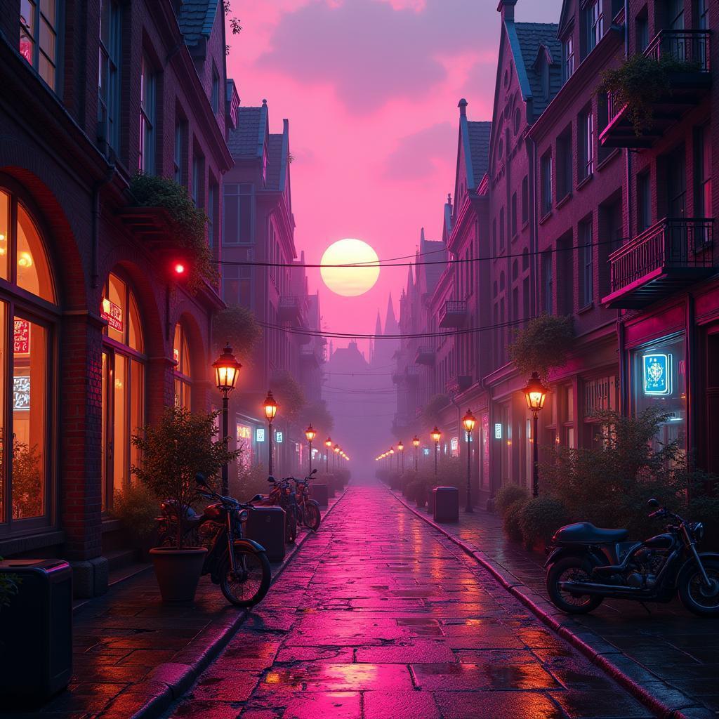 Downtown Hamburg Glowing in Magenta Neon