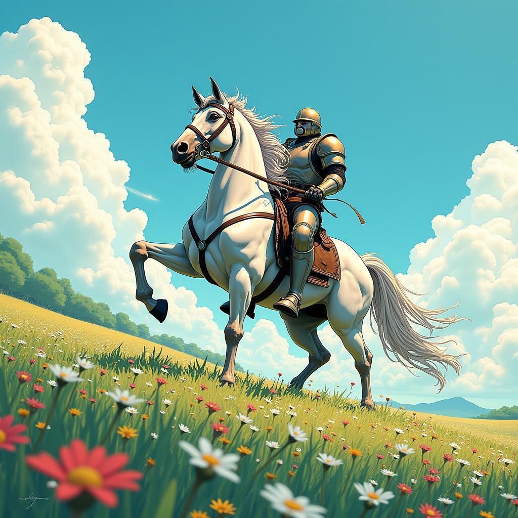 Armored Horse Rearing in a Wildflower Meadow