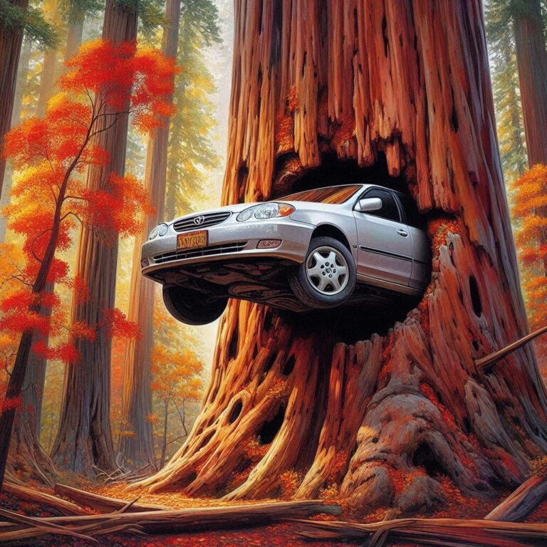 Toyota Corolla in Redwood Tree Illustration