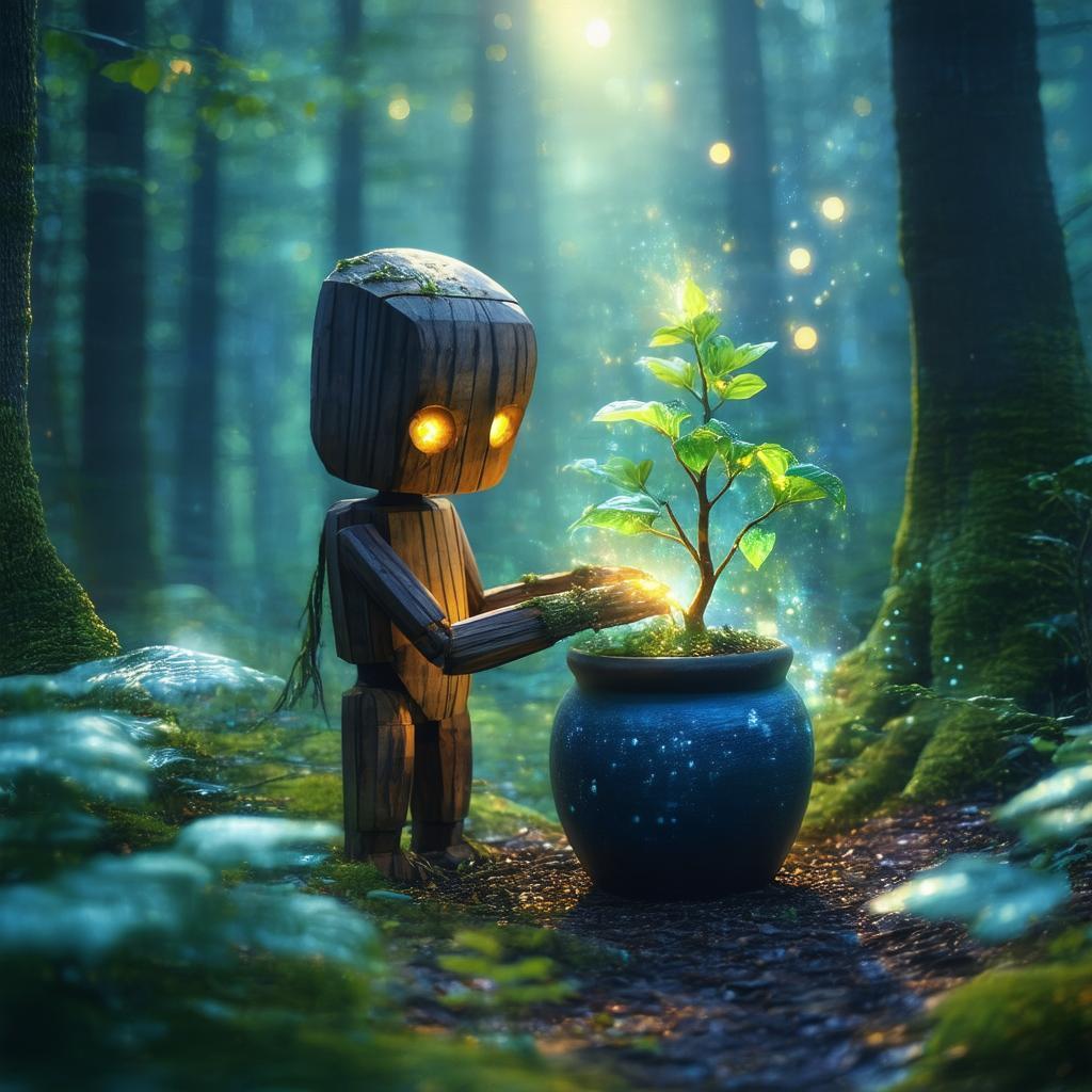 Wooden Forest Creature Nurturing a Glowing Plant