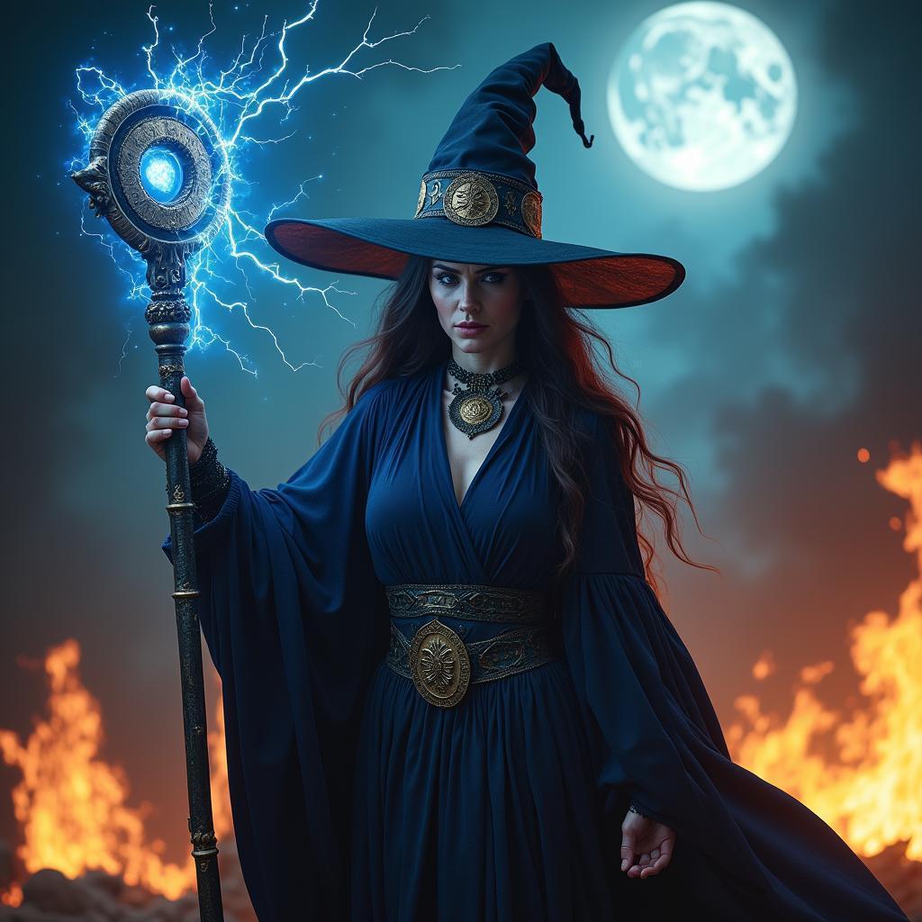 Witch Wielding Blue Magic Under Full Moon