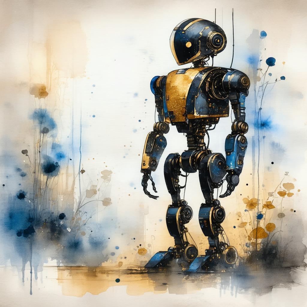 Black and Gold Robot in Soft Watercolor