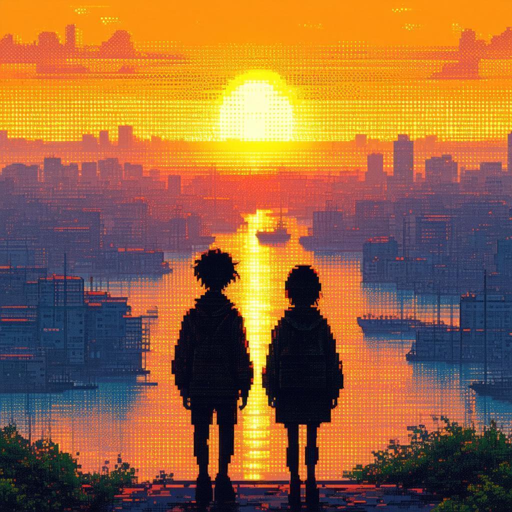 Pixel Silhouettes Watching a Harbor Sunset