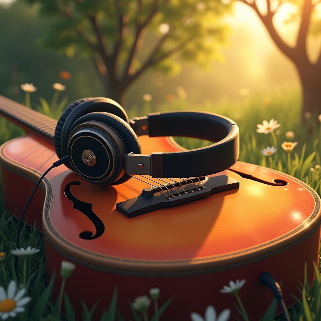 Headphones on a Vintage Guitar in Ghibli Warmth