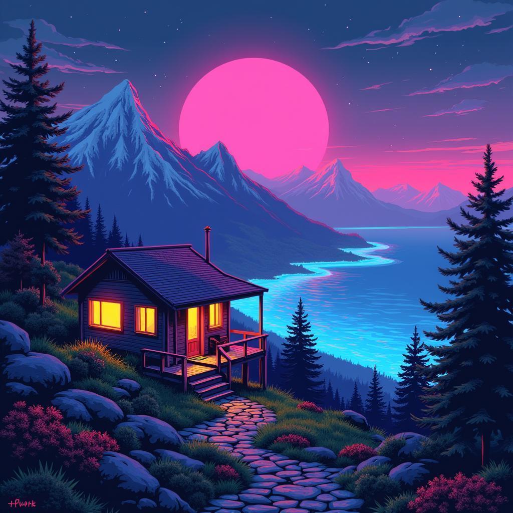 Retro Futuristic Cabin Above a Cyber Ocean