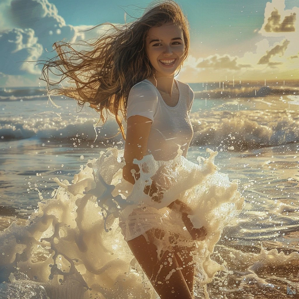 Woman Laughing Beach Surf Golden