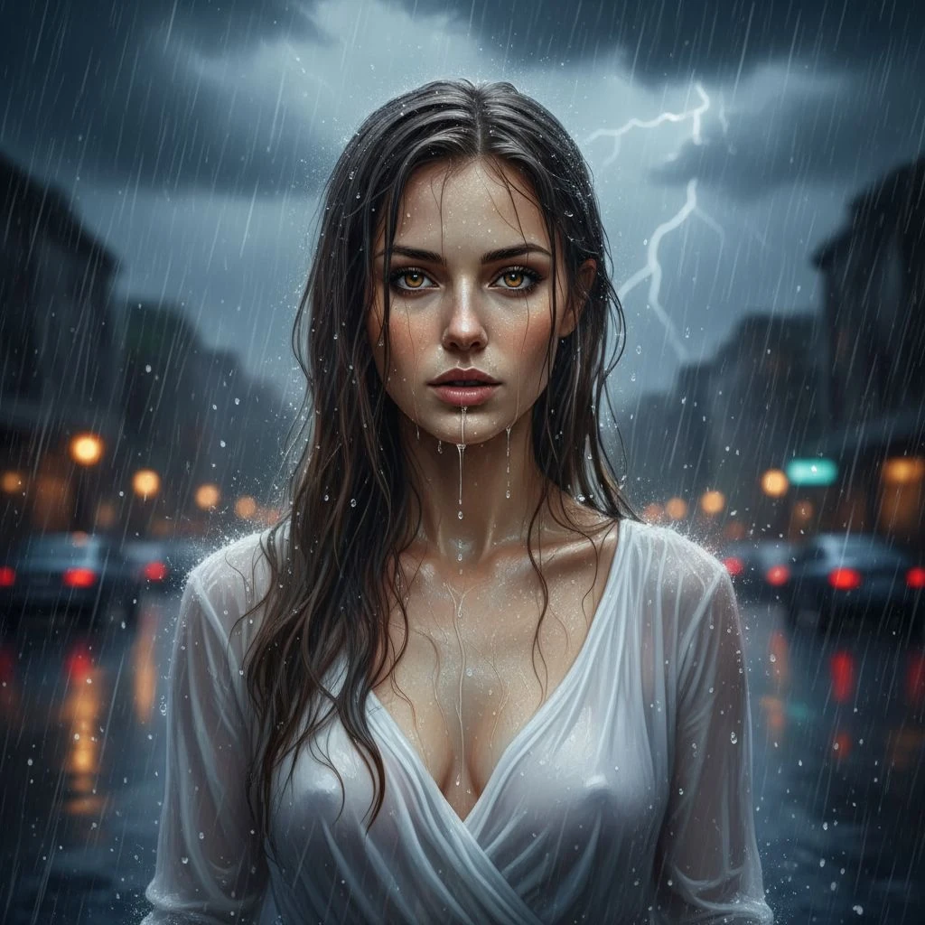 Woman Pouring Rain Hazel Eyes