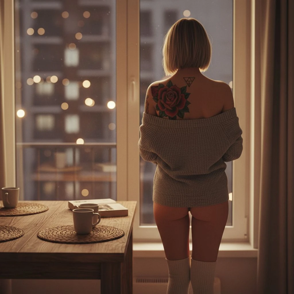 Woman Cozy Evening Apartment Tattoo