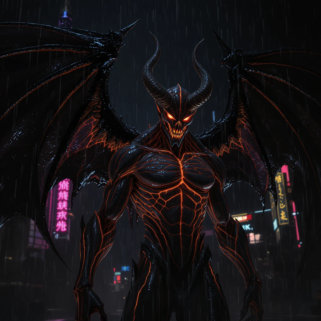 Photorealistic Cyberpunk Demon With Dark Wings