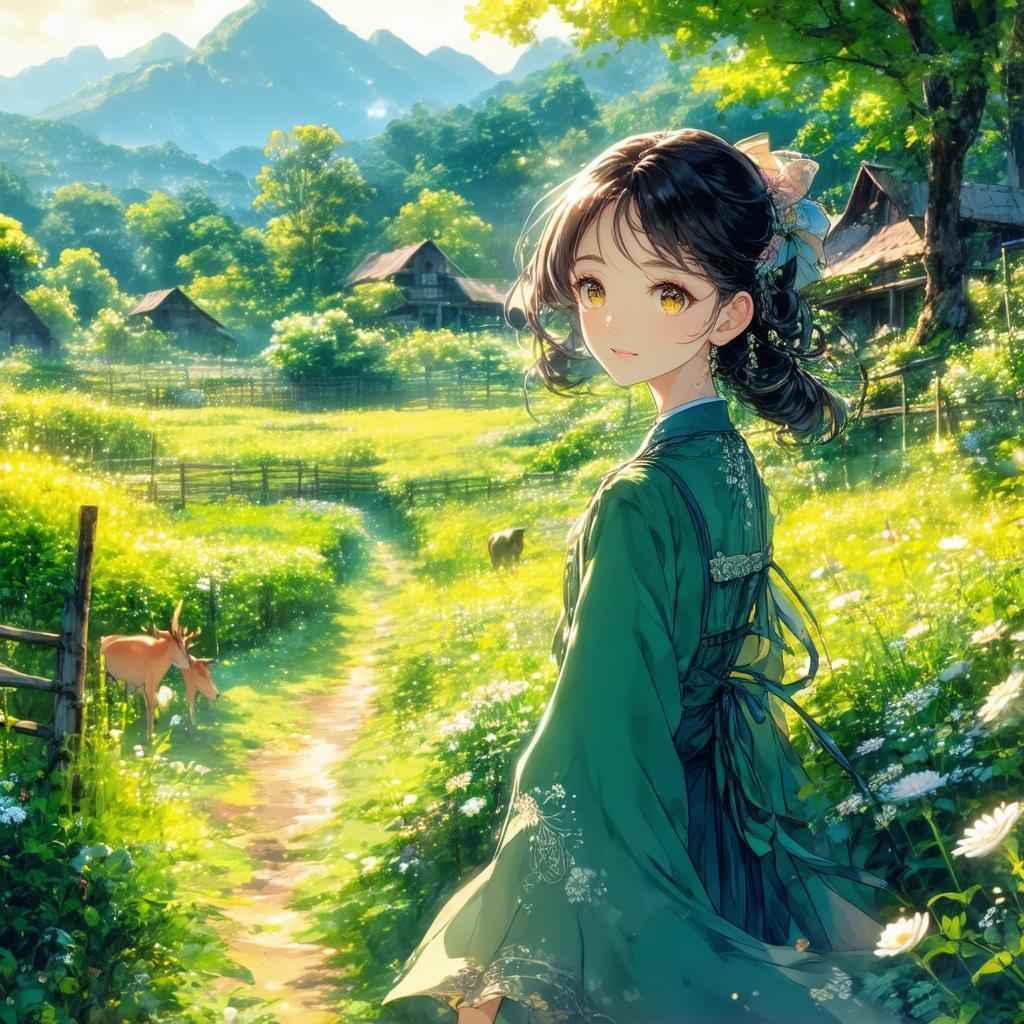 Manga Girl Wandering a Lush Golden Farm