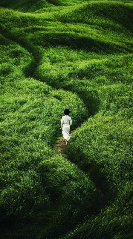 Young Woman Walking in Lush Grassfields