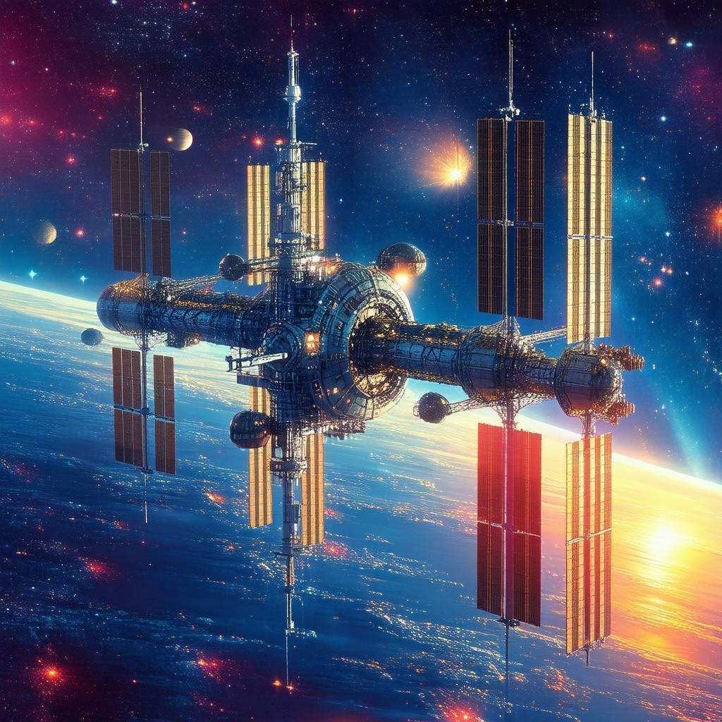 Bonestell Style Space Station in Synthwave Color