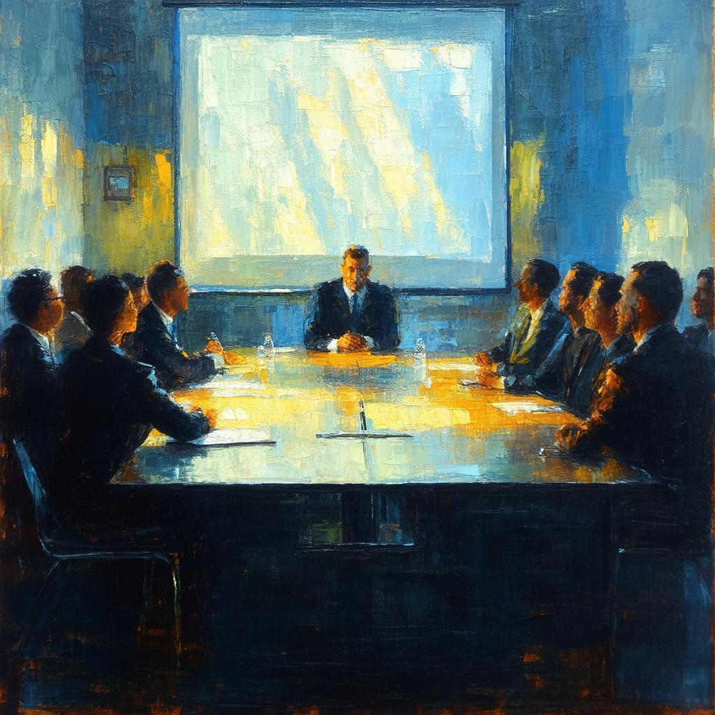 Oil Painted Meeting Room Lit by Screens