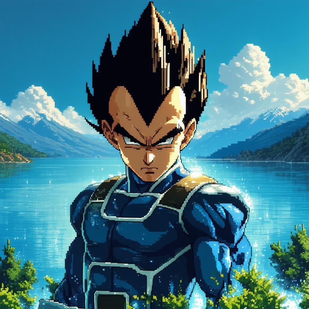 Vegeta in Dramatic Pixel Lakeside Light