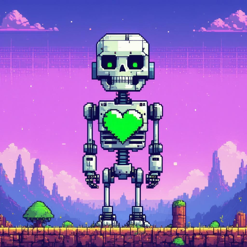 Robotic Skeleton With a Green Pixel Heart