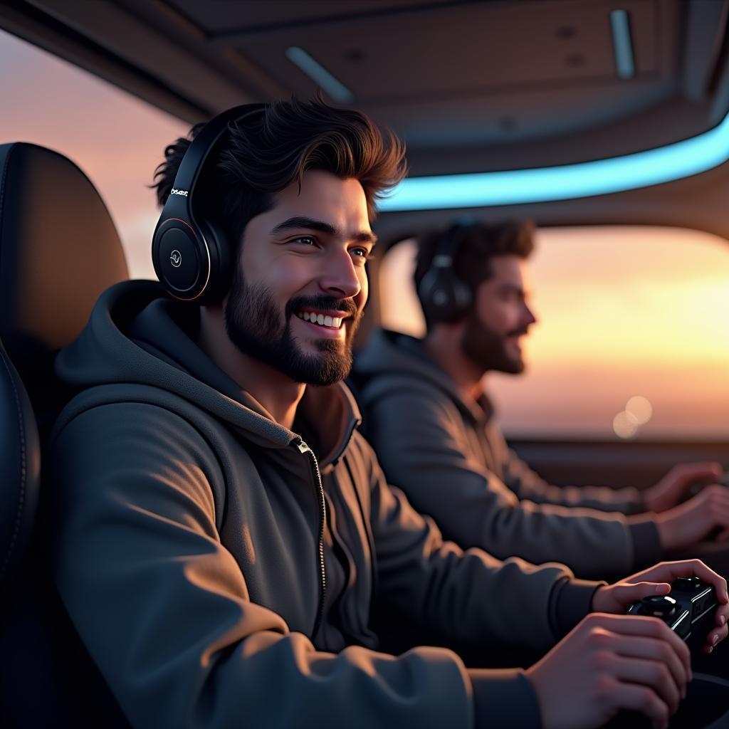 Smiling Gamer in a Futuristic Cockpit