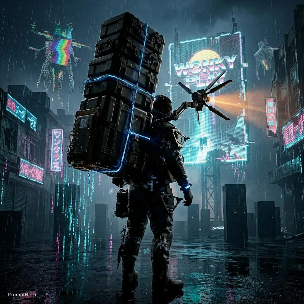 Burdened Porter In Neon Ruined City