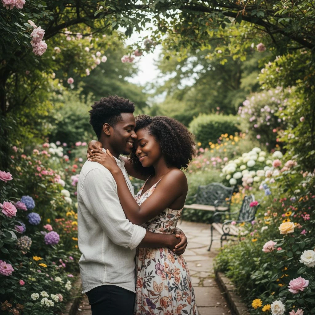 Black Couple Embrace Garden