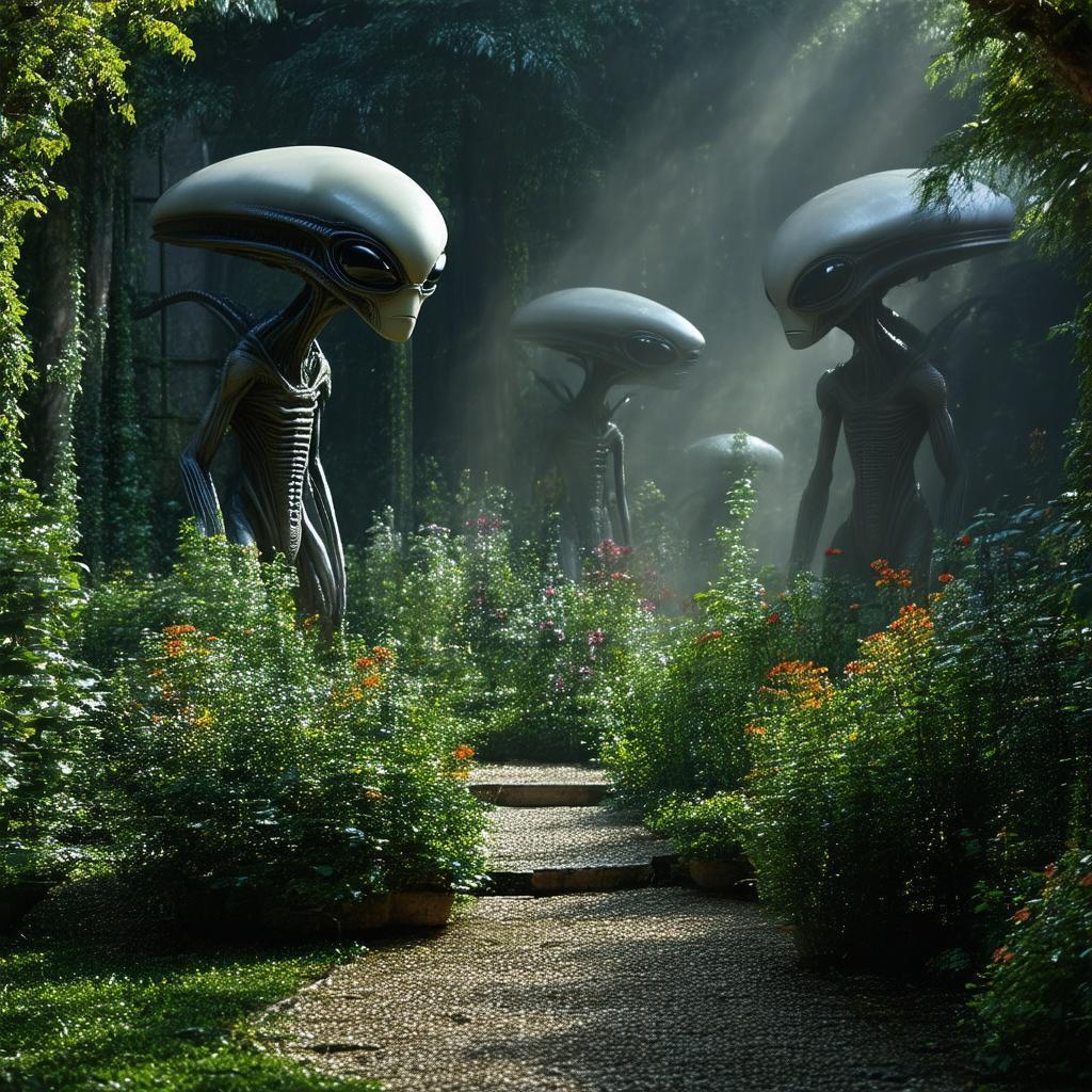 Aliens Wandering a Serene Garden at Dusk