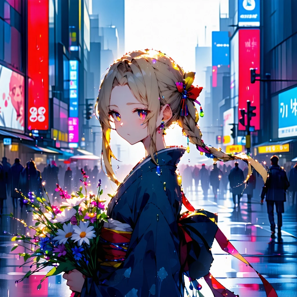 Anime Girl Kimono Flowers City Street