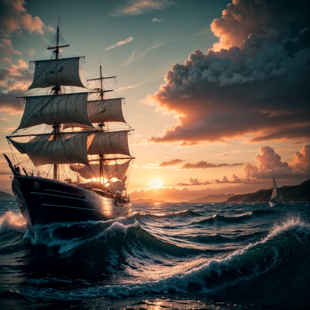 Underwater Sailing Ship Tentacles Glowing