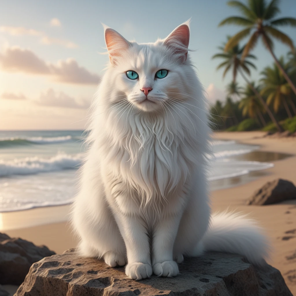 White Cat Turquoise Eyes Beach Rock
